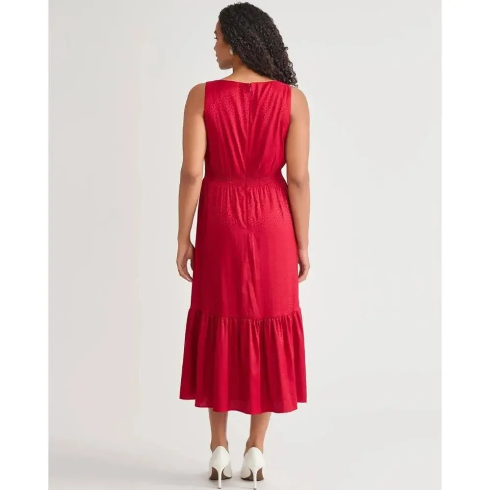 Kasper Women Crimson Red Satin Tiered Sleeveless Boat Neck Midi Dress Size L - Picture 4 of 5